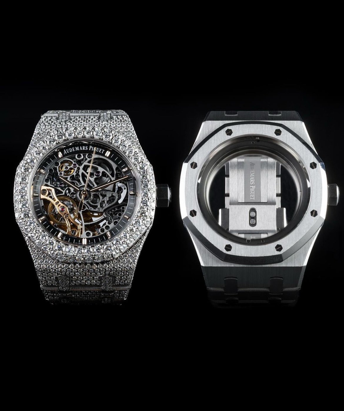 An Audemars Piguet Royal Oak fully iced beside the stock case